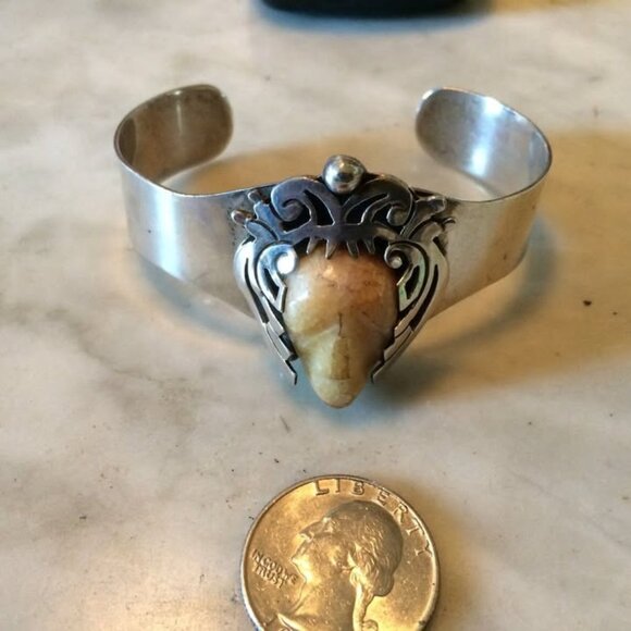 vtg STERLING ONYX tribal mexican maya Taxco cuff bangle bracelet - Picture 5 of 5